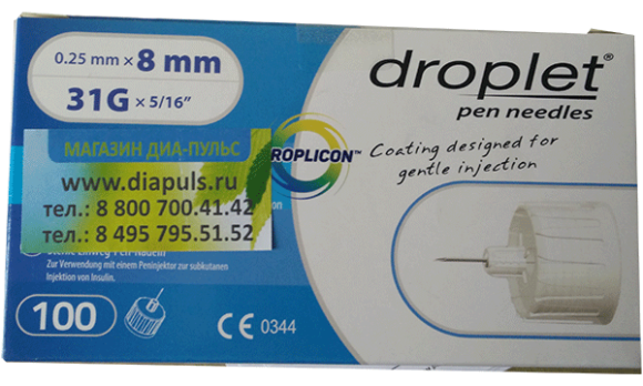 Иглы Droplet (Дроплет) для инсулиновых шприц-ручек 0,25 х 8 (31G) 100 шт. (голубой)